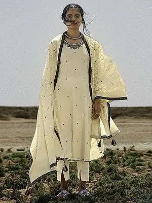 Snow-White Pure Cotton Palazzo Salwar Kameez Suit with All-Over Bundi Butta and Mask-Dupatta