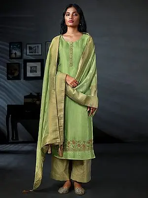 Cactus-Green Art-Silk Zari Butta Salwar Kameez With Resham-Zari Embroidery On Neck Placket And Parallel Style Pant And Mask Dupatta