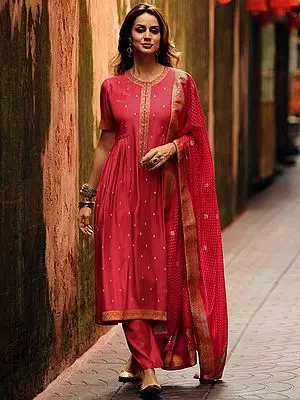 Red-Rose Art-Silk Zari Butta Salwar Kameez with Resham-Zari Embroidery on Neck Placket and Parallel Style Pant