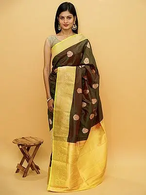 Pure Katan Silk Floral Butta Banarasi Saree With Paisley Motif Border