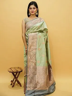 Pure Katan Silk Banarasi Saree With Floral Zari Butta And Vine Pattern Border