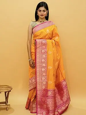 Banarasi Pure Katan Silk Saree With Mughal Motif And Phool Bail Border