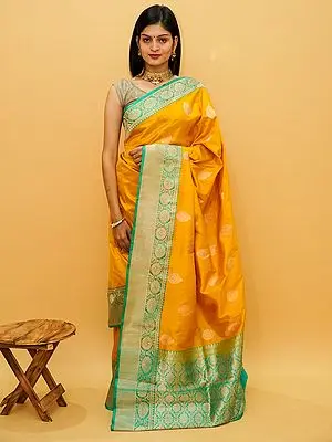 Pure Katan Silk Banarasi Saree With Mughal Motif On Body With Brocaded Border