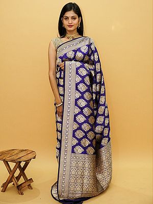 Pure Katan Silk Banarasi Saree With Mughal Motif And All-Over Zari Work