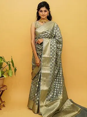 Puritan-Gray Banarasi Tusser Silk Saree with Floral Butta & Zari - Elegant Indian Saree