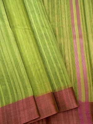 Semi Cotton Banarasi Saree With Woven Stripe Pattern On Body And Plain Border