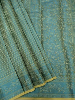 River-Blue Banarasi Brocade Saree With Floral Teardrop Shape Pattern And Vine Pattern Border-Pallu