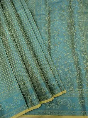 River-Blue Banarasi Brocade Saree with Floral Teardrop & Vine Pattern Border-Pallu