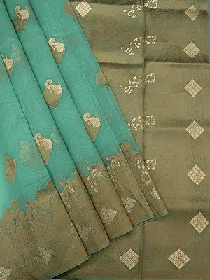 Aqua-Sky Organza Banarasi Saree with Butta Pattern & Peacock-Tree Motif Border
