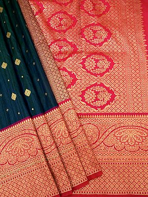 Blue Premium Matka Silk Roman Butti Pattern Saree And Mughal Motif Pallu
