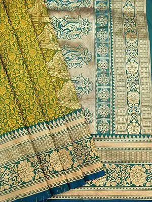 Forest-Green Katan Silk Banarasi Saree with Floral Jaal Motif & Kadiyal Contrast Border