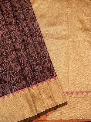 Brown Tanchui Katan Silk Banarasi Saree with Floral Butta Motif & Contrast Broad Border