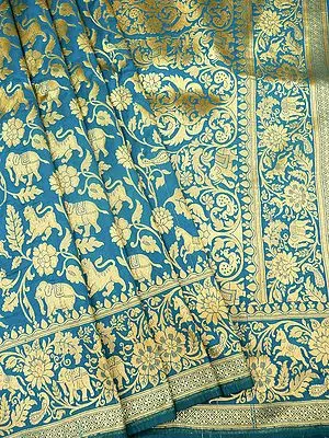 Wave-Ride Katan Silk Banarasi Saree with Shikargah Pattern & All-Over Zari Work