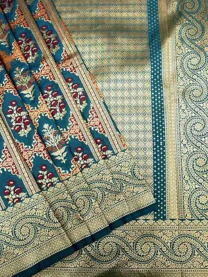 Mosaic-Blue Banarasi Patan Patola Katan Silk Saree with Gradation Pattern Border