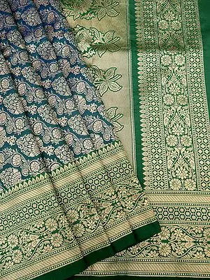 Blue-Moon Katan Silk Banarasi Saree with Diagonal Floral Vine Pattern & Contrast Border