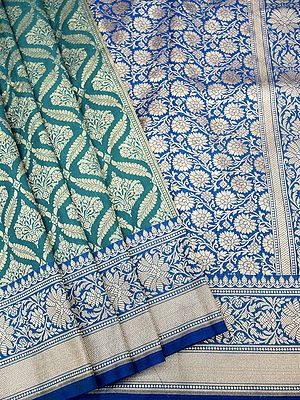 Bristol-Blue Banarasi Katan Silk Saree With Ogee Pattern And Contrast Border