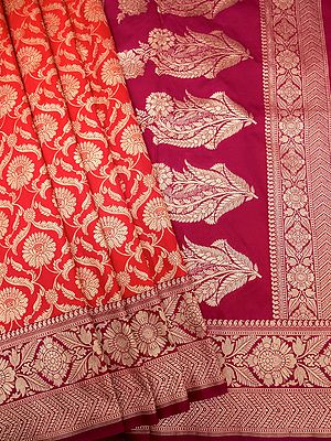 True-Red Banarasi Katan Silk Zari Work Saree With Floral Creepers Motif And Contrast Border