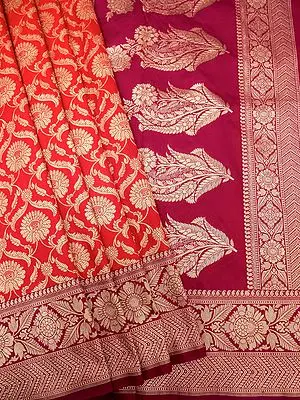 True-Red Banarasi Katan Silk Saree with Zari Work, Floral Creepers Motif & Contrast Border