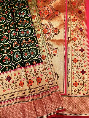 Banarasi Floral Patan Patola Brocade Katan Silk Saree With Kalka Motif Pallu