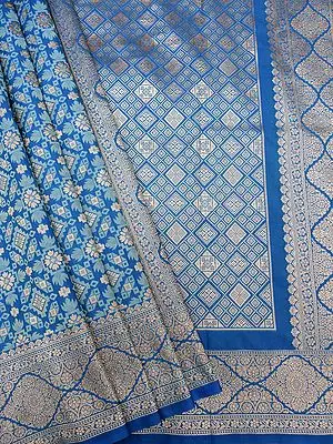 Mediterranian-Blue Banarasi Katan Silk Retro Pattern Saree With Diamond Pattern Pallu