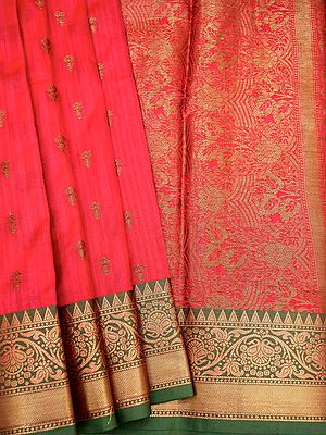 Red Matka Silk Floral Butta Banarasi Saree With Vine Pattern Border