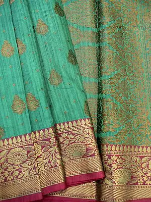 Green Banarasi Matka Silk Saree with Mughal Butta & Phool Bail Border