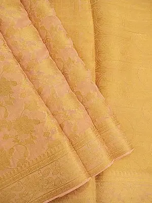 Peach-Nougat Banarasi Chiffon Saree with Flower Vine Motif & Jhalar Pallu