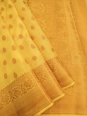 Vibrant-Yellow Banarasi Chiffon Saree with All-Over Phool Motif & Vine Pattern Border