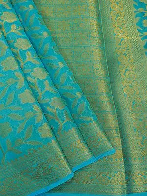 River-Blue Chiffon Banarasi Saree with Jaal Pattern & All-Over Zari Work