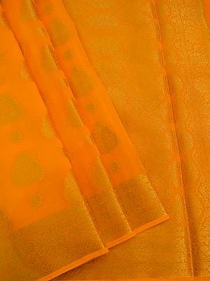 Radiant-Yellow Banarasi Chiffon Saree With Woven Gold Bootis And Zari Work On All-Over