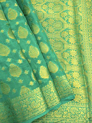 Chiffon Brocaded Floral Motif Banarasi Saree All-Over Golden Zari Woven