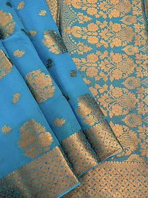 Cyan-Blue Banarasi Chiffon Saree with Brocaded Zari Mughal Butta