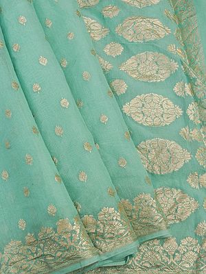 Munga Silk Banarasi Saree With Floral Butta Woven All-Over Pattern And Mughal Motif On Pallu