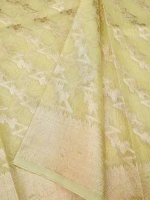 Yellow-Iris Linen Tissue Banarasi Saree with Diagonal Pattern & Paithani Anchal