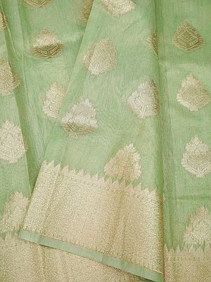 Light-Green Banarasi Linen Tissue Saree With Floral Butta Motif And Paithani Anchal