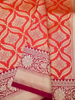 Cherry-Tomato Katan Silk Ogee Floral Pattern Banarasi Saree with Phool Bail Pattern Border
