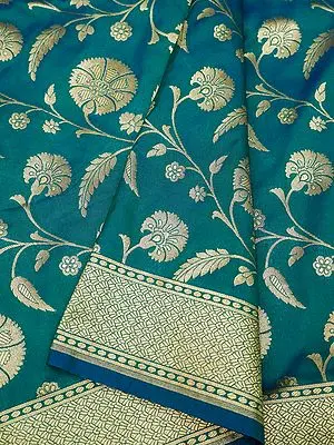 Tahitian-Tide Katan Silk Banarasi Saree with Hibiscus Bail Pattern and Contrast Broad Border