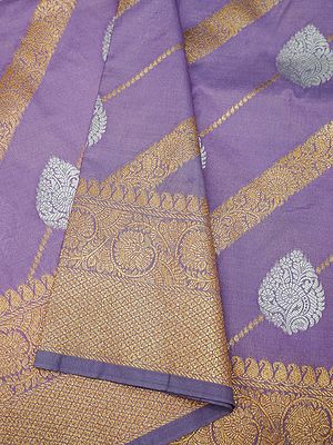 Purple-Rose Diagonal Pattern Antique & Silver Zari Katan Silk Banarasi Saree With Bail Pattern Border