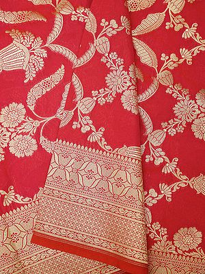 Poppy-Red Banarasi Katan Silk Saree Hibiscus Flower Jaal Pattern And Contrast Broad Border