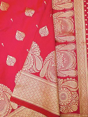 True-Red Katan Silk Banarasi Saree With All-Over Zari Brocaded Butta