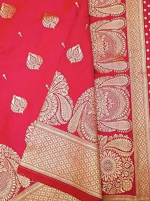 True-Red Katan Silk Banarasi Saree with Zari Brocaded Butta All-Over