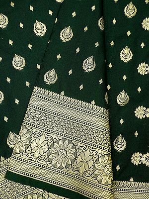 Dark-Green Banarasi Katan Silk Saree With Brocaded Zari Floral Butti On All-Over