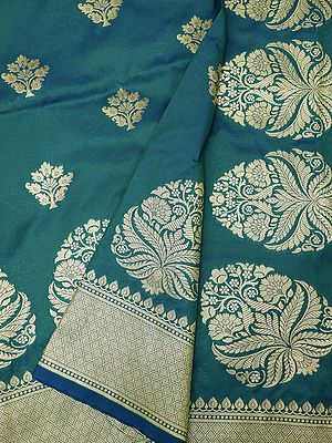 Harbor-Blue Katan Silk All-Over Zari Butta Banarasi Saree With Paisley Border