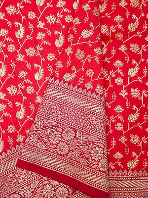 Poppy-Red Katan Silk Vine Pattern Banarasi Saree With Contrast Border