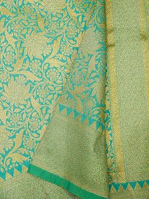 Aruba-Blue Antique Brocade Katan Silk Banarasi Saree With Floral Pattern