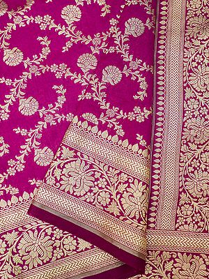 Raspberry-Rose Katan Silk Jaal Motif Banarasi Saree With Mughal Pattern Border