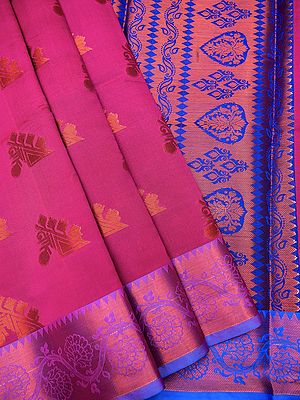 Power-Pink Banarasi Silk Saree With Abstract Motif On Body And Vine Pattern Border