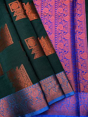 Dark-Green Banarasi Silk Contrast Saree With Butta Motif And Kalka Bail Pattern Border-Pallu