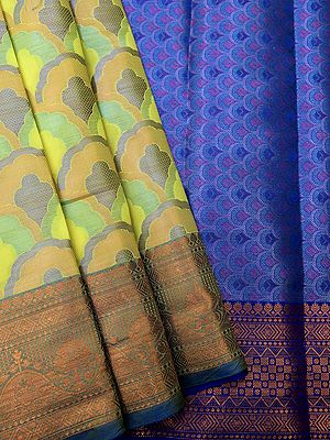 3D Silk Banarasi Saree With All-Over Fish Scale Pattern And Aztec Pattern Border