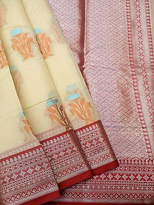 Pure Mercerised Cotton Alfi Banarasi Saree With Poppy Floral Butta And Aztec Pattern Border
